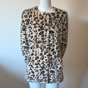 Velvet Luxe Leopard Print Faux Fur Jacket Collarless Statement Coat Size P